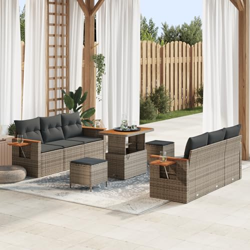 Homgoday Gartenmöbel Set Terrassenmöbel 9-teiliges Garten Sofa Set mit Kissen Graues Poly Rattan Akazie von Homgoday
