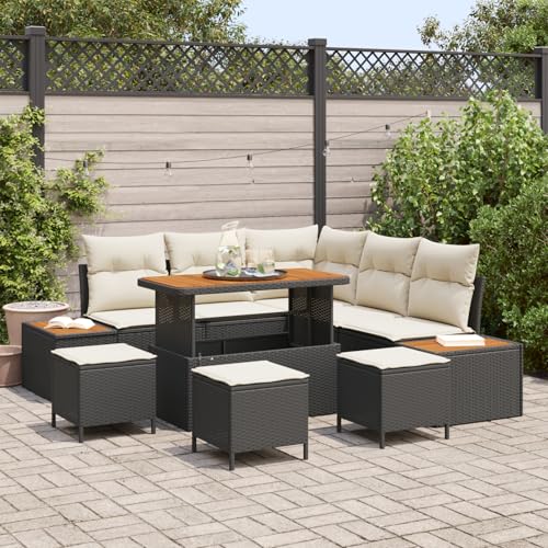 Homgoday Gartenmöbel Set Terrassenmöbel 9-teiliges Garten Sofa Set mit Kissen Schwarz Poly Rattan Akazie von Homgoday
