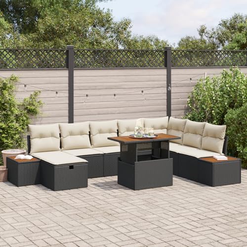 Homgoday Gartenmöbel Set Terrassenmöbel 9-teiliges Garten-Sofa-Set mit Kissen Schwarz Poly Rattan Akazie von Homgoday