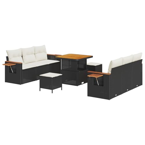 Homgoday Gartenmöbel Set Terrassenmöbel 9-teiliges Garten-Sofa-Set mit Kissen Schwarzes Poly-Rattan Akazie von Homgoday