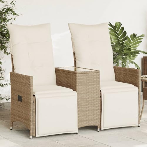 Homgoday Gartensofa 2-Sitzer Verstellbar mit Tisch Balkonsofa Gartenlounge Lounge Sofa Loungesofa Terrassensofa Gartenmöbel Sitzgruppe Beige Poly Rattan von Homgoday
