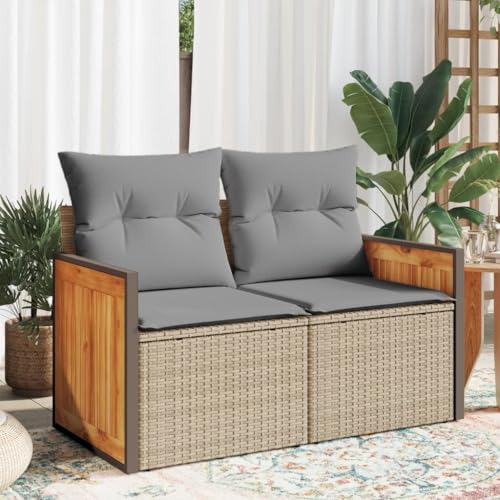 Homgoday Gartensofa 2-Sitzer mit Kissen Gartenlounge mit Stauraum Balkonsofa Lounge Sofa Gartenmöbel Gartensofa Loungesofa Terrassensofa Sitzgruppe Beige und Hellgrau Poly Rattan von Homgoday
