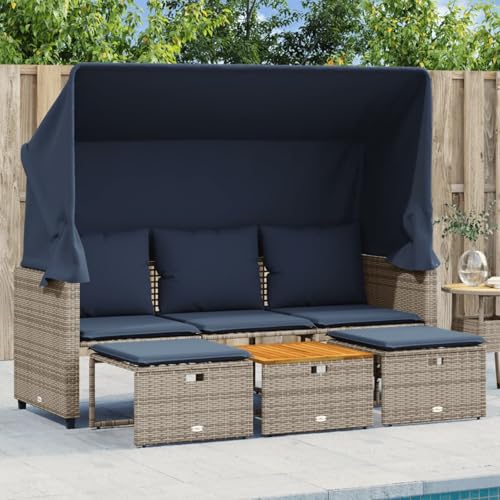 Homgoday Gartensofa 3-Sitzer mit Baldachin und Hockern Grau Poly Rattan Garten Lounge Model365456 von Homgoday