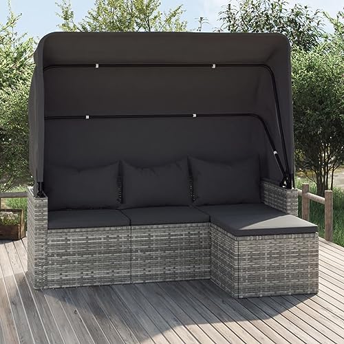 Homgoday Gartensofa mit Faltbares Dach Gartensofa 3 Sitzer Sofa Couch Balkonsofa Gartenmöbel Sonneninsel Lounge Gartenbank Gartenliege mit Fußhocker Loungemöbel Grau Poly Rattan von Homgoday