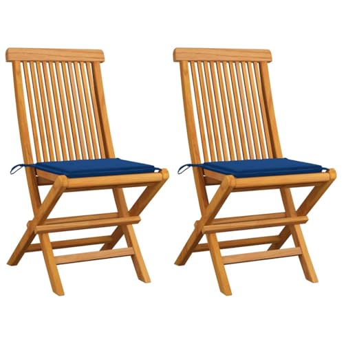 Homgoday Gartenstühle mit Königsblauen Kissen 2 STK. Gartenstuhl Gartensessel Essstühle Sessel Balkonstühle Stuhlset Terrassenstühle Balkonstuhl Gartenmöbel Massivholz Teak von Homgoday