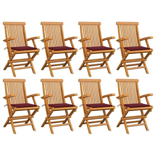 Homgoday Gartenstühle mit Weinroten Kissen 8 STK. Gartenstuhl Gartensessel Essstühle Sessel Stuhlset Balkonstühle Terrassenstühle Balkonstuhl Gartenmöbel Massivholz Teak von Homgoday