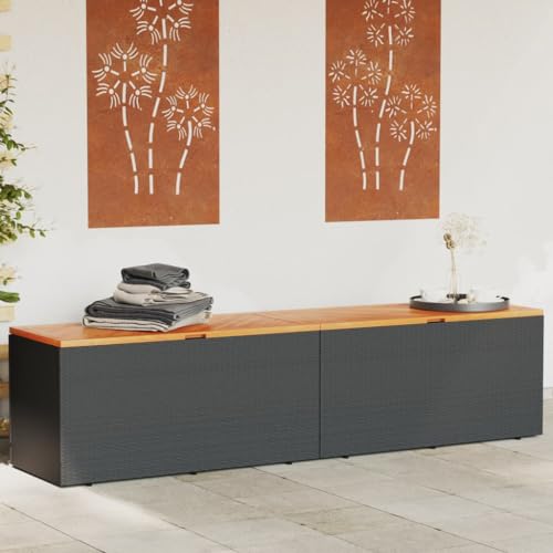 Homgoday Gartentruhe Gartenbox mit Stauraum Sitztruhe Kissenbox Auflagenbox Aufbewahrungsbox Kissentruhe Auflagentruhe Aufbewahrungsschrank Schwarz 220x50x54 cm Poly Rattan Akazienholz von Homgoday