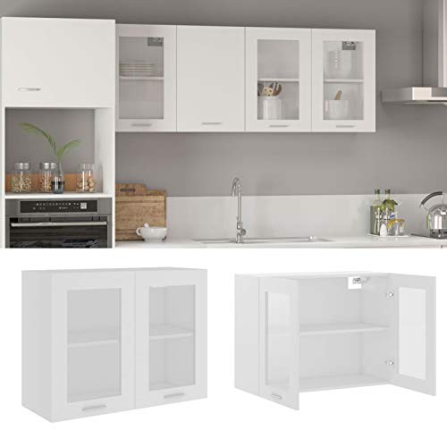 Homgoday Hängender Glasschrank Weiß 80x31x60cm Holzwerkstoff Wandmontierter Küchenschrank Vitrine Aufbewahrung Schrank Einheit für Küche Wohnzimmer und Büro Innenmöbel Möbel von Homgoday
