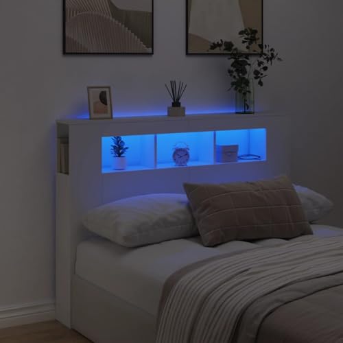 Homgoday LED Kopfteil, Bett Kopfteil, Bettkopfteil mit LED-Leuchten, Betthaupt mit Ablagen, Kopfenden, Bettzubehör für Bett Schlafzimmer Weiß 140x18,5x103,5 cm Holzwerkstoff von Homgoday