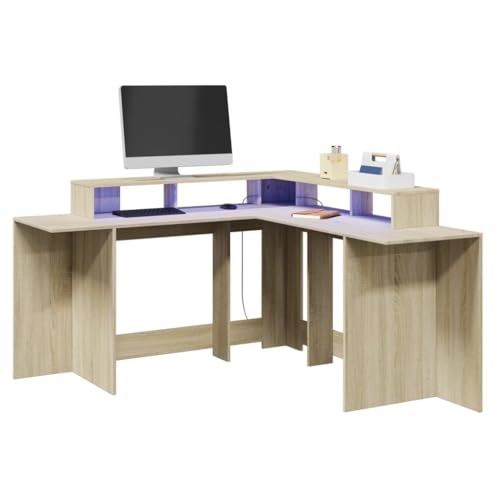 Homgoday LED Schreibtisch Sonoma Eiche 152 x 152 x 91 cm, Spanplatte Schreibtisch Dekoration und Regale, Computer-Schreibtisch, platzsparender Schreibtisch von Homgoday