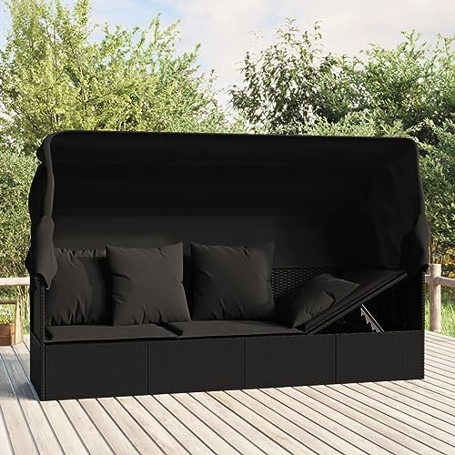 Homgoday Loungebett mit Dach und Kissen Gartensofa mit Liegefunktion Sofabett Sonnenliege Liegesofa Gartenliege Relaxliege Loungebett Gartenbett Gartenmöbel Schwarz Poly Rattan von Homgoday