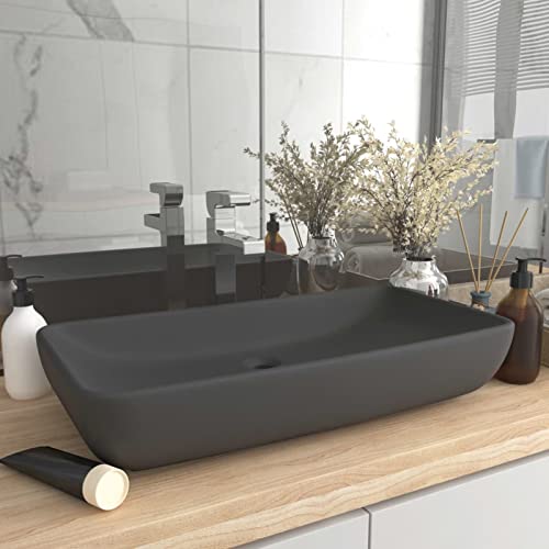 Homgoday Luxus-Waschbecken Aufsatzwaschbecken Waschschale Waschtisch Aufsatzwaschtisch Handwaschbecken mit Abflussloch für Badezimmer Rechteckig Matt Dunkelgrau 71x38 cm Keramik von Homgoday