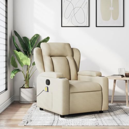 Homgoday Massagesessel Fernsehsessel Relaxsessel mit Liegefunktion Liegesessel Ruhesessel Polstersessel Sessel Verstellbare Rückenlehne Fußteil | Vibrationsfunktion Creme Stoff von Homgoday
