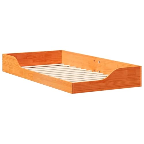 Homgoday Massives Kiefernholz Plattformbett mit Lattenrost und Nachttisch - Wachsbraun Model873396 von Homgoday