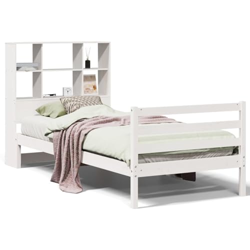 Homgoday Massivholzbett mit Regal ohne Matratze Weiß 90x200 cm Kiefer Familienbett Model3321894 von Homgoday
