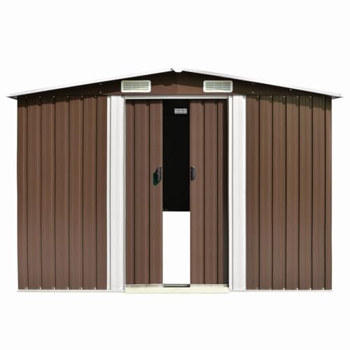 Homgoday Metall-Gartenschuppen | 257x392x181 cm | Doppel-Schiebetüren | Lüftungsgitter | Braun | Verzinkter Stahl Model143347 von Homgoday