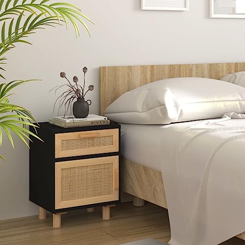Homgoday Nachttisch aus massivem Kiefernholz, Schwarz und natürliches Rattan, Nachttisch für Schlafzimmer, Haus, Dekoration, Design, Stil, Zimmer, Schlafzimmer, Nachttisch, Möbel von Homgoday
