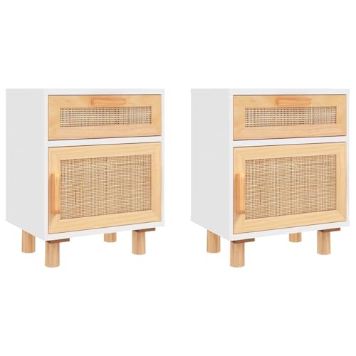 Homgoday Nachttische 2 STK. Weiß Massivholz Kiefer und Natur-Rattan Nachttisch Model345607 von Homgoday