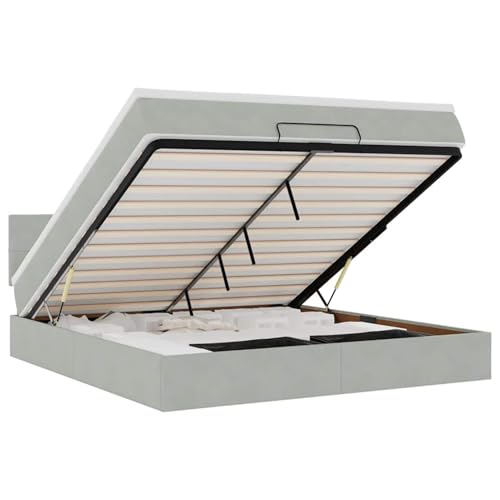 Homgoday Ottoman-Bett mit Matratze & LEDs Hellgrau 160x200 cm Samt Familienbett Model3312632 von Homgoday