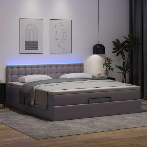 Homgoday Ottoman-Bett mit Matratzen & LEDs Grau 160x200 cm Kunstleder Bett Holz Gästebett von Homgoday