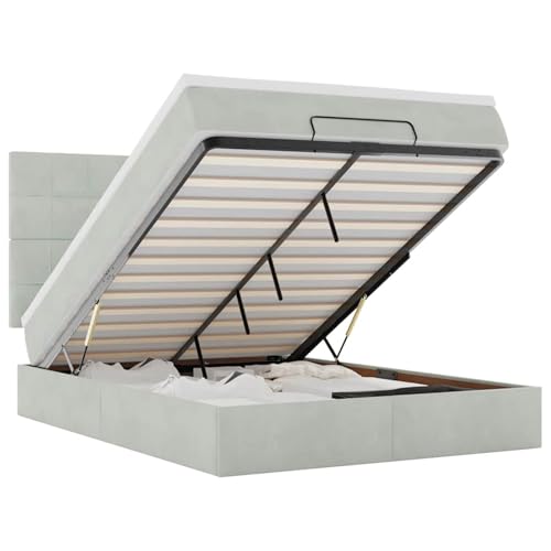 Homgoday Ottoman-Bett mit Matratzen & LEDs Hellgrau 140x200 cm Samt Familienbett Model3314324 von Homgoday