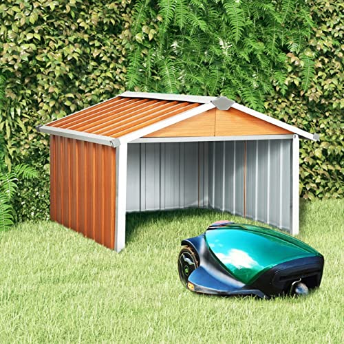 Homgoday Rasenmäher Garage mit Satteldach Mähroboter Garage Rasenroboter Carport Sonnen- &Regenschutz für Rasenmäher Rasenmähroboter Garage Braun Verzinkter Stahl 92x97x63 cm von Homgoday