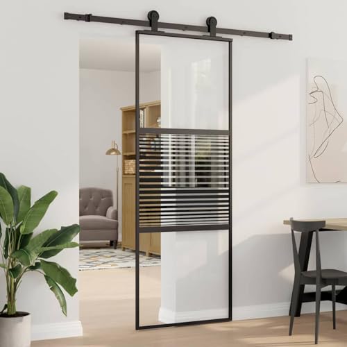 Homgoday Schiebetür Schwarz 76 x 205 cm Gehärtetes Glas, Aluminium Schiebetür Model42012460 von Homgoday