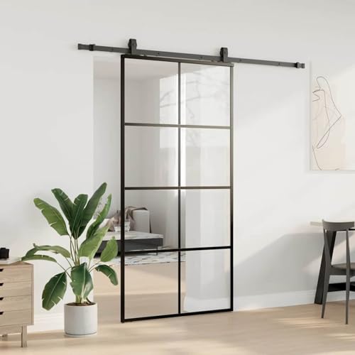 Homgoday Schiebetür mit Beschlag Schwarz 102,5x205 cm ESG-Glas Schiebetüren Komplettset von Homgoday