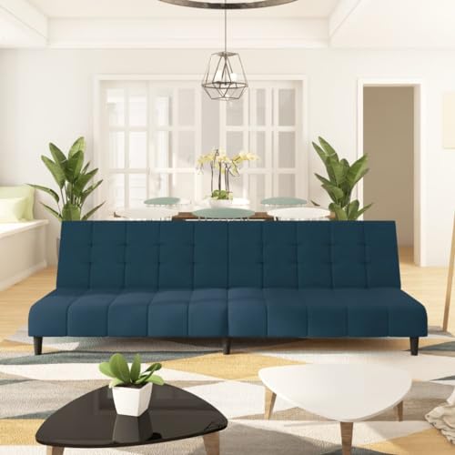 Homgoday Schlafsofa 2-Sitzer Klappsofa Sofa mit Schlaffunktion Bettsofa Bettcouch Loungesofa Sofa Couch mit Verstellbarer Rückenlehne fürs Wohnzimmer Schlafzimmer Blau Samt von Homgoday