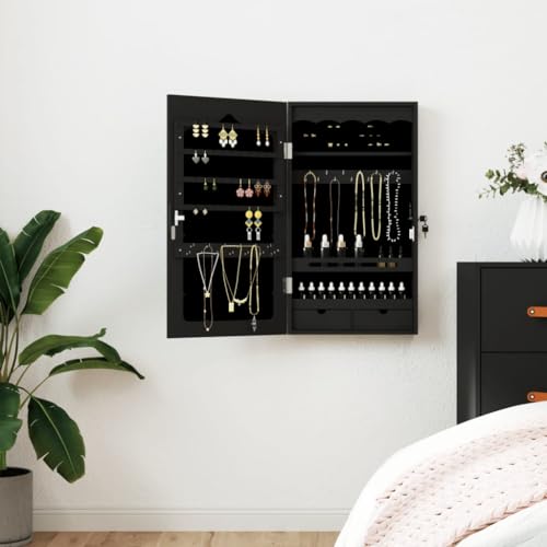 Homgoday Schmuckschrank mit Wandspiegel, schwarz, 37,5 x 10 x 67 cm, Sideboard, Bodenschrank für Badezimmer, Aufbewahrungsschränke, Ablagen, Aufbewahrungsschrank für Schlafzimmer und Büro von Homgoday