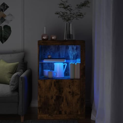 Homgoday Schrank mit LED-Lichtern, Eiche und Rauch, aus mehrschichtigem Holz, Sideboard, Bodenschrank, für Badezimmer, Stauraum, Regale, Aufbewahrungsschrank für Schlafzimmer, Büro Homgoday Schrank mit LED-Lichtern, Eiche und Rauch, aus mehrschichtigem Holz, Sideboard, Bodenschrank, für Badezimmer, Stauraum, Regale, Aufbewahrungsschrank für Schlafzimmer, Büro von Homgoday