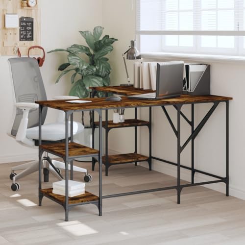 Homgoday Schreibtisch Eiche Rauch, 139 x 139 x 75 cm aus mehrschichtigem Holz, Schreibtisch-Regale, Computertisch, platzsparender Schreibtisch, Schreibtisch, Gaming-Schreibtisch für Kinderzimmer von Homgoday