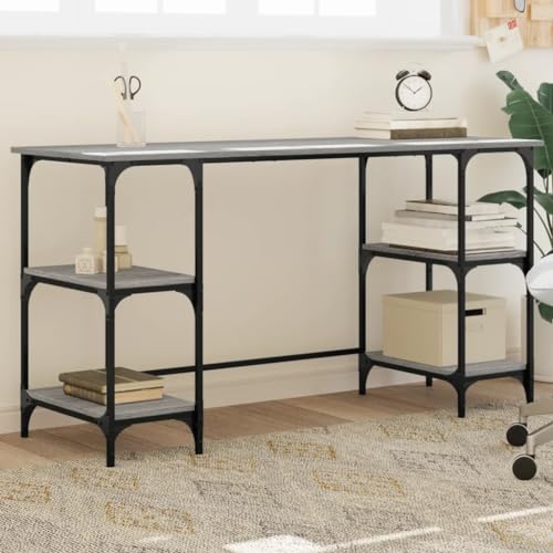 Homgoday Schreibtisch Grau Sonoma 140 x 50 x 75 cm Metall und mehrschichtiges Holz, Schreibtisch-Regale, Computertisch, platzsparender Schreibtisch, Schreibtisch, Gaming-Schreibtisch für Kinderzimmer von Homgoday