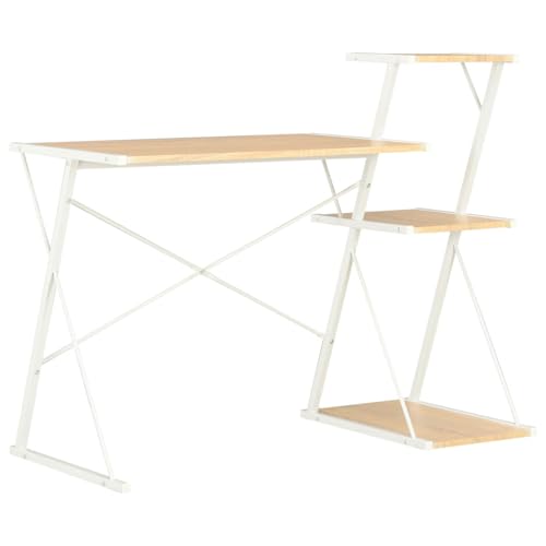 Homgoday Schreibtisch mit Ablage Weiß und Eiche 116 x 50 x 93 cm, Schreibtisch-Regale, Computertisch, platzsparender Schreibtisch, Bürotisch, Schreibtisch, Gaming-Schreibtisch für Kinderzimmer von Homgoday