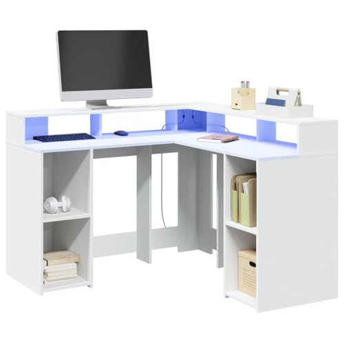 Homgoday Schreibtisch mit LED-Leuchten Weiß 130x130x91cm Spanplatte Schreibtisch Dekoration Computertisch Platzsparend Tisch Schreibtisch Gaming Schreibtisch von Homgoday