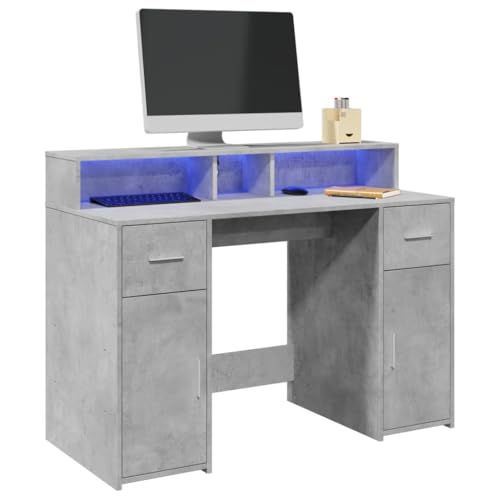 Homgoday Schreibtisch mit LED-Lichtern, zementgrau, 120 x 55 x 91 cm, mehrschichtig, Schreibtisch-Regale, Computer-Schreibtisch, platzsparender Schreibtisch, Gaming-Schreibtisch für Kinderzimmer von Homgoday