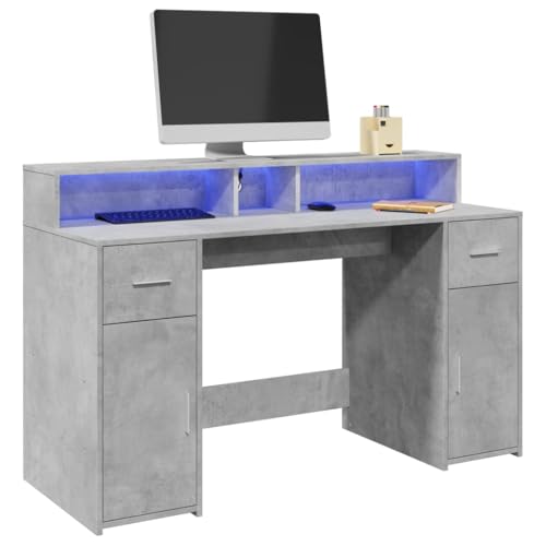 Homgoday Schreibtisch mit LED-Lichtern, zementgrau, 140 x 55 x 91 cm, mehrschichtig, Schreibtisch-Regale, Computer-Schreibtisch, platzsparender Schreibtisch, Gaming-Schreibtisch für Kinderzimmer von Homgoday