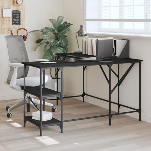 Homgoday Schwarzer Schreibtisch 139 x 139 x 75 cm aus mehrschichtigem Holz, Schreibtisch-Regale, Computertisch, platzsparender Schreibtisch, Tisch, Schreibtisch, Gaming-Schreibtisch für Kinderzimmer von Homgoday