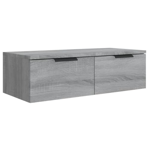Homgoday Schwebender Wandschrank mit 2 Schubladen, Wandregale, Hängeschrank, TV-Schrank, Wandschrank für Wohnzimmer, Regal für Abstellräume, Sperrholz, Sonoma-Grau, 68 x 30 x 20 cm von Homgoday
