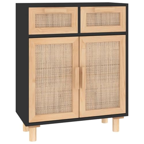 Homgoday Sideboard Schwarz 60x30x75cm Massivholz Kiefer und Natur-Rattan Anrichte Model345637 von Homgoday