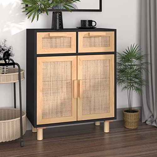 Homgoday Sideboard Schwarz 60x30x75cm Massivholz Kiefer und Natur-Rattan Aufbewahrungsschrank Beistellschrank viel Stauraum Anrichte Standschrank Mehrzweckschrank Schrank für Wohnzimmer von Homgoday