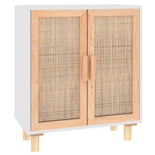 Homgoday Sideboard Weiß 60x30x70 cm Massivholz Kiefer und Natur-Rattan Anrichte Model345630 von Homgoday