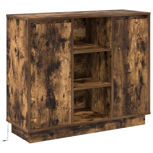 Homgoday Sideboard mit LED Geräucherter Eiche 90x32x75 cm Ingenieuholz Aufbewahrungsschrank Model869686 von Homgoday