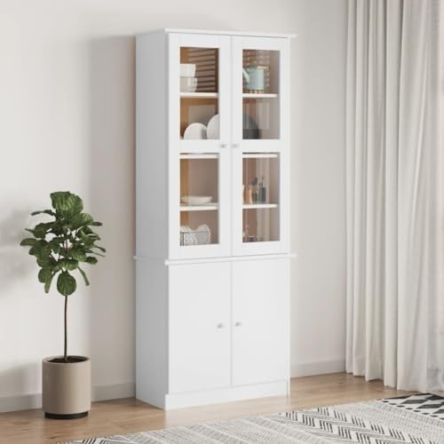 Homgoday Vitrinenschrank Bücherschrank Vitrine Schrank Bücherregal Standvitrine Aktenschrank Hochschrank Schrank für Wohnzimmer Küche Esszimmer Büro Weiß 77x35x186,5 cm Massivholz Kiefer von Homgoday