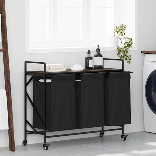 Homgoday Wäschekorb 3 Fächer mit Rollen Braune Eiche Wäschekorb Model859094 von Homgoday