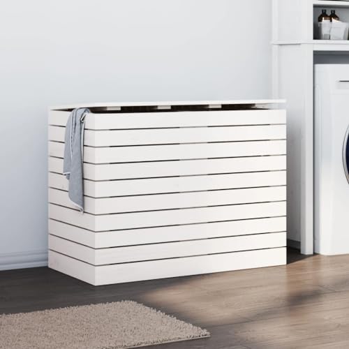 Homgoday Wäschetruhe mit Deckel Wäschesammler Wäschekorb Wäschesack Wäscheschrank Wäschesammler für Badezimmer, Schlafzimmer, Wäschekammer Weiß 88,5x44x66 cm Massivholz Kiefer von Homgoday