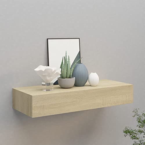 Homgoday Wand-Schubladenregal Wandschublade Hängeregal Wandschrank Wandboard Wandregal Schweberegal mit Schubladen für Schlafzimmer Wohnzimmer Büro Eichenoptik 60x23,5x10 cm MDF von Homgoday
