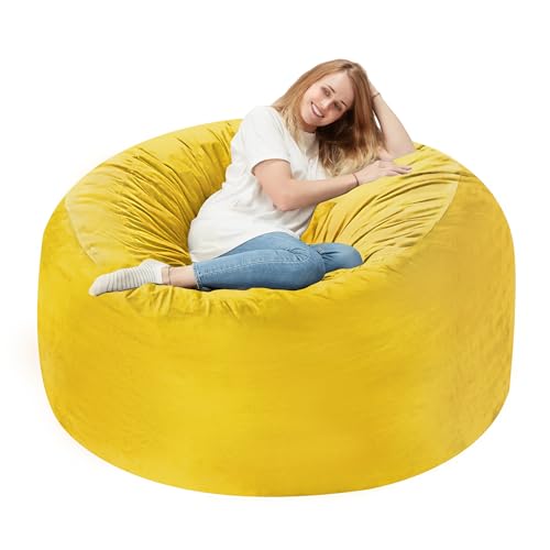 Homguava Sitzsack-Stuhl: 91,4 cm Sitzsäcke mit Memory-Schaum gefüllt, große Sitzsäcke, weiches Sofa mit holländischem Samtbezug, 91,4 x 91,4 x 61 cm, Senfgelb von Homguava