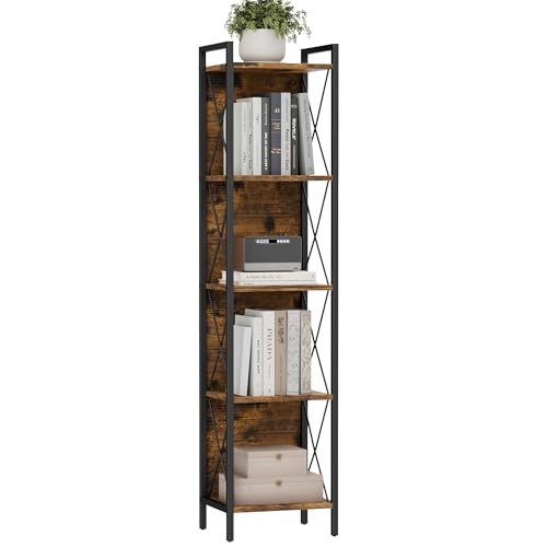 Homhedy Bücherregal mit 5 Ebenen, hohes schmales Bücherregal für kleinen Raum, Metallspeicherregale mit Rückwand, für Heimbüro, Wohnzimmer, Küche, Schlafzimmer, Industriestil, Rustikales Braun Homhedy Bücherregal mit 5 Ebenen, hohes schmales Bücherregal für kleinen Raum, Metallspeicherregale mit Rückwand, für Heimbüro, Wohnzimmer, Küche, Schlafzimmer, Industriestil, Rustikales Braun von Homhedy