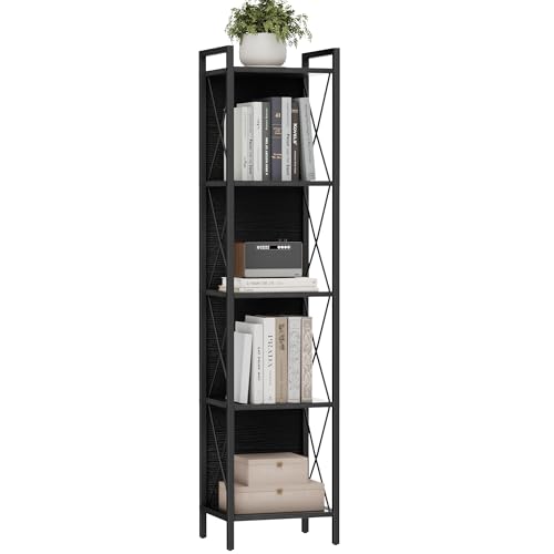 Homhedy Bücherregal mit 5 Ebenen, hohes schmales Bücherregal für kleinen Raum, Metallspeicherregale mit Rückwand, für Heimbüro, Wohnzimmer, Küche, Schlafzimmer, Industriestil, Schwarz Homhedy Bücherregal mit 5 Ebenen, hohes schmales Bücherregal für kleinen Raum, Metallspeicherregale mit Rückwand, für Heimbüro, Wohnzimmer, Küche, Schlafzimmer, Industriestil, Schwarz von Homhedy